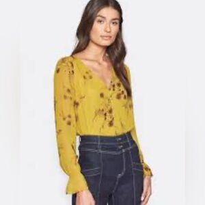 Joie Womens Awilda Floral Goldenrod  100% Silk Elastic Sleeves Blouse XS